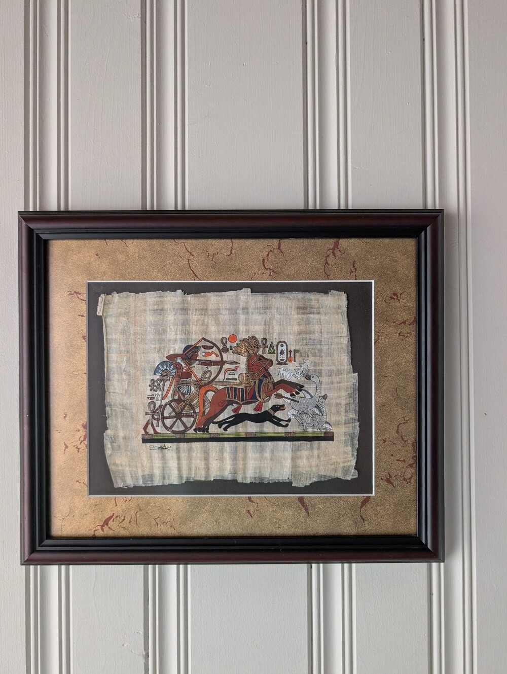 Vintage Framed Egyptian Papyrus Art with Chariot Motif